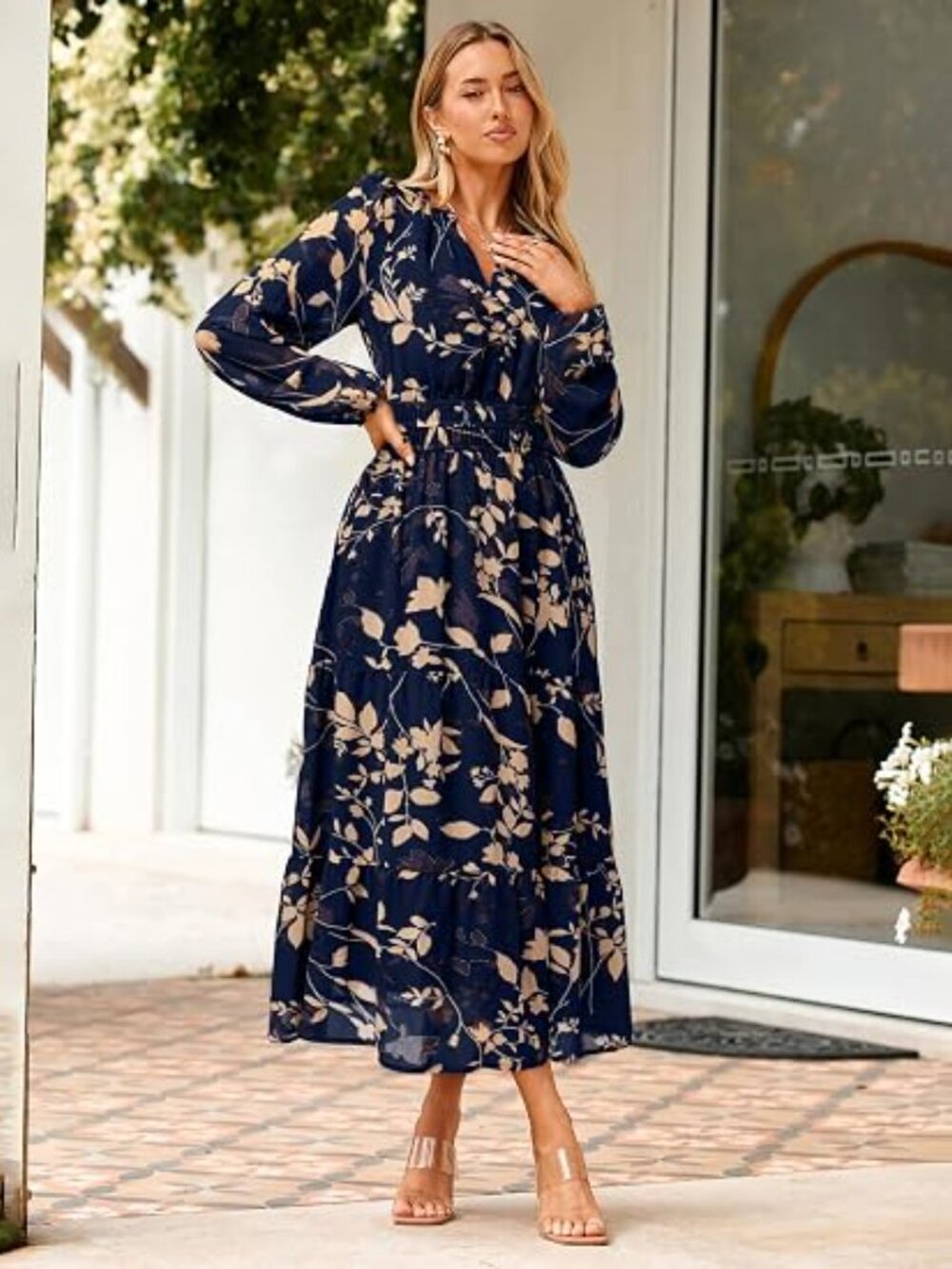 Women's Floral Boho Long Sleeve Maxi Dress V Neck Empire Waist Swing Flowy Weddi - Picture 4 of 5